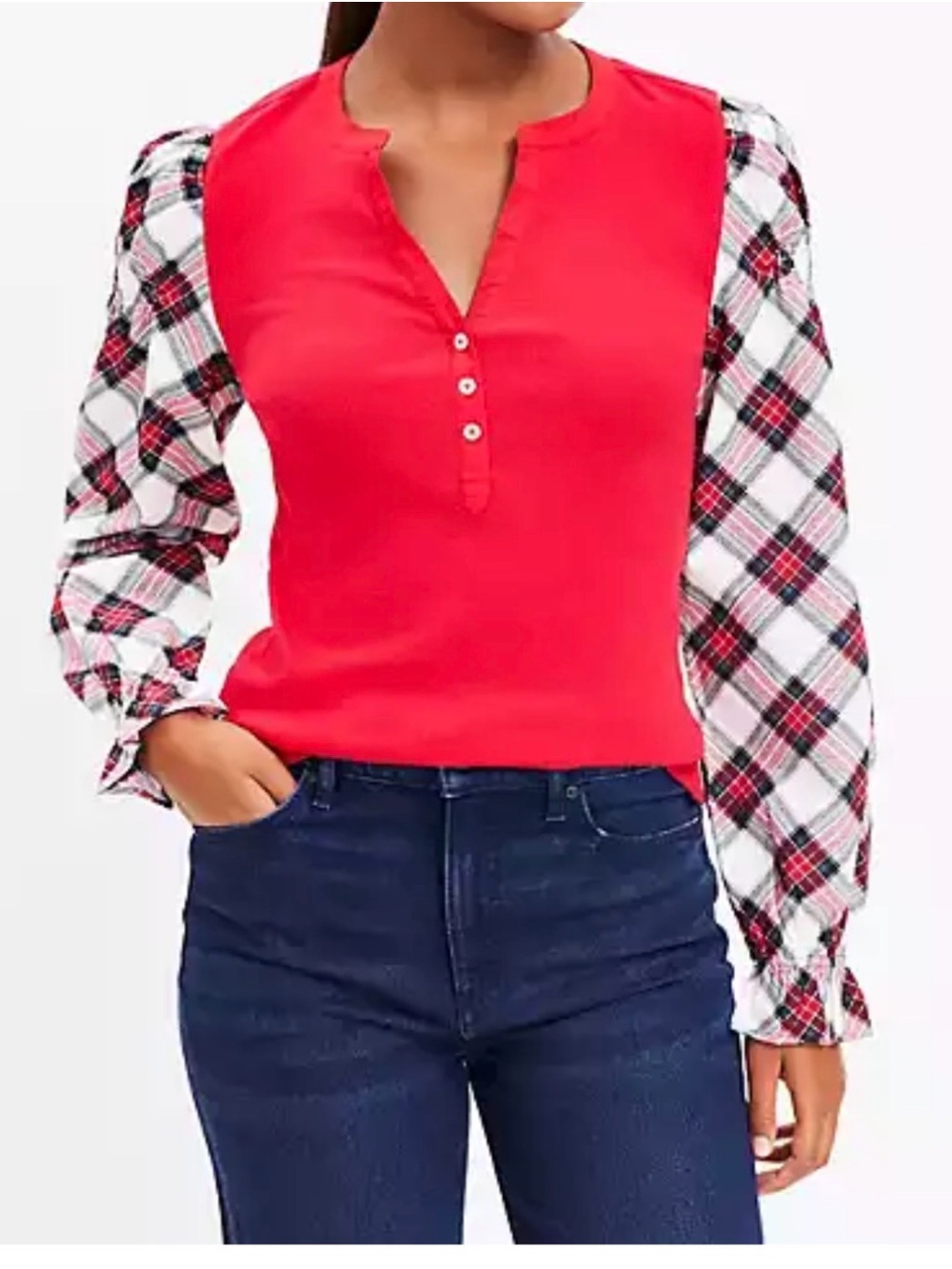 LOFT Red Henley Top with Plaid Puff Sleeves Mixed Media V Neck Buttons Sz XL